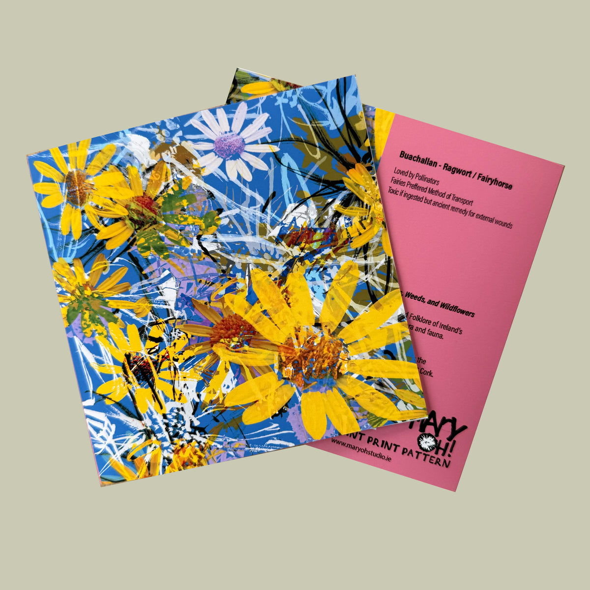 The front print features a vibrant yellow and white wildflower design on a blue background. Irish Folklore Greeting Card, Recycled Envelope. Sustainable and Made in West Cork by Irish Artist Mary O'Mahony