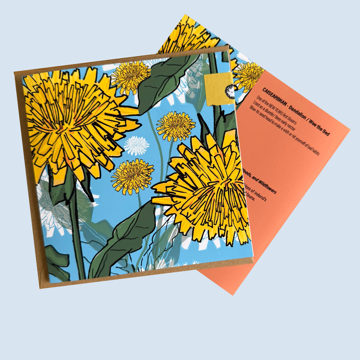 A square print  featuring a stylized floral illustration with large yellow flowers, green leaves, and a light blue background. Irish Folklore Greeting Card, made in west cork. Sustainable Packaging.