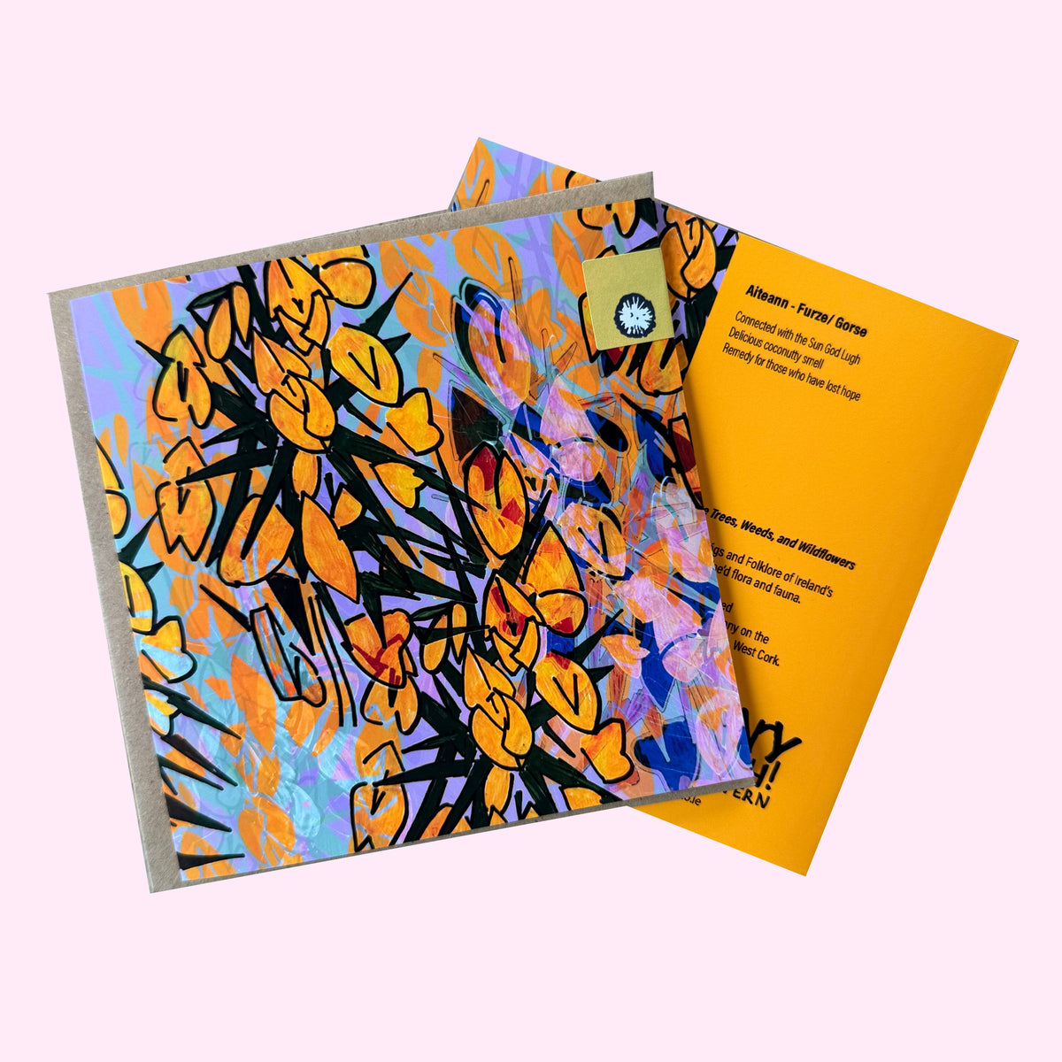 A square art greeting card featuring an abstract floral pattern in orange, yellow, black, and blue. Made in West Cork by artist Mary O'Mahony. Small batch, sustainable greeting cards. 