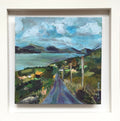 Landscape painting. West cork scene. Sheep’s Head Peninsula with green fields and seascape under cloudy sky 