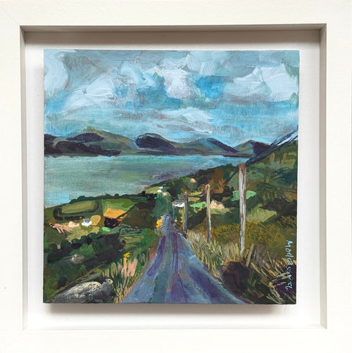 Landscape painting. West cork scene. Sheep’s Head Peninsula with green fields and seascape under cloudy sky 
